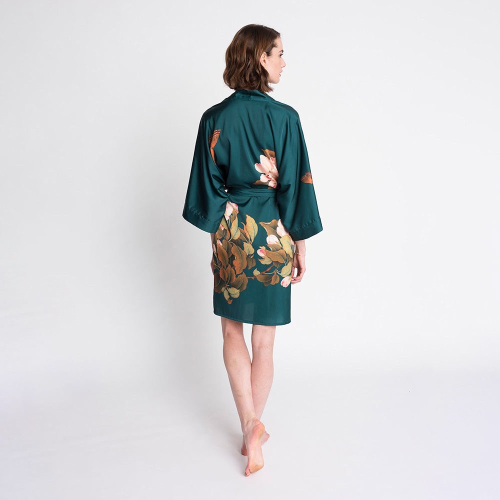 Silk-Feel Teal Floral Kimono Robe - Picture 3 of 16